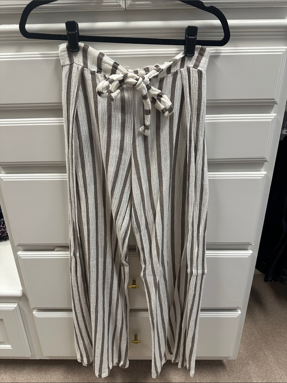 Striped Tie-Waist Wide-Leg Cover-up Pants - Cream & Brown